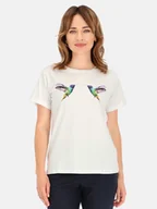 Bluzki damskie - Bawełniana Bluzka Damska z Kolorową Grafiką Kolibra - Inny producent - miniaturka - grafika 1