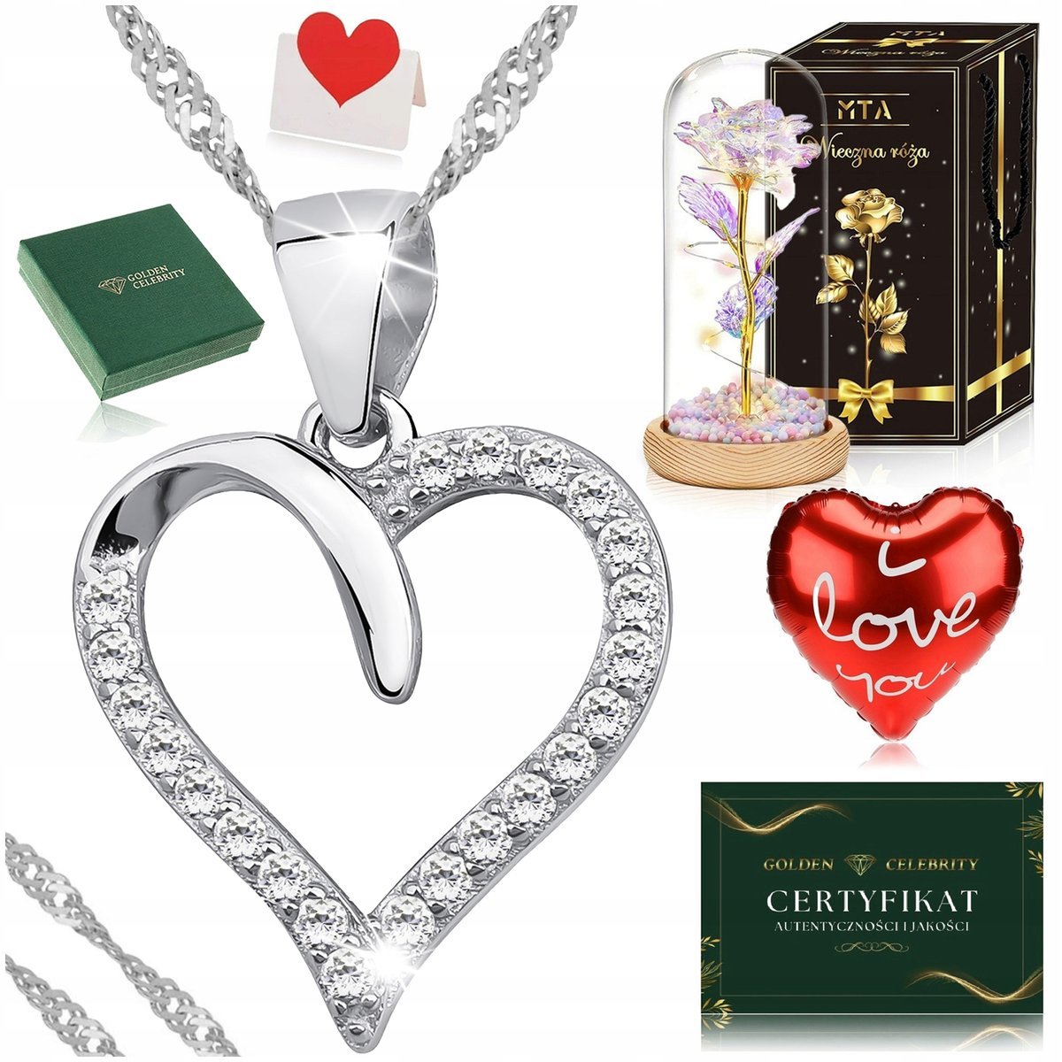 SREBRNY NASZYJNIK + WISIOREK SERCE 925 + RÓŻA WIECZNA NA DZIEŃ NAUCZYCIELA