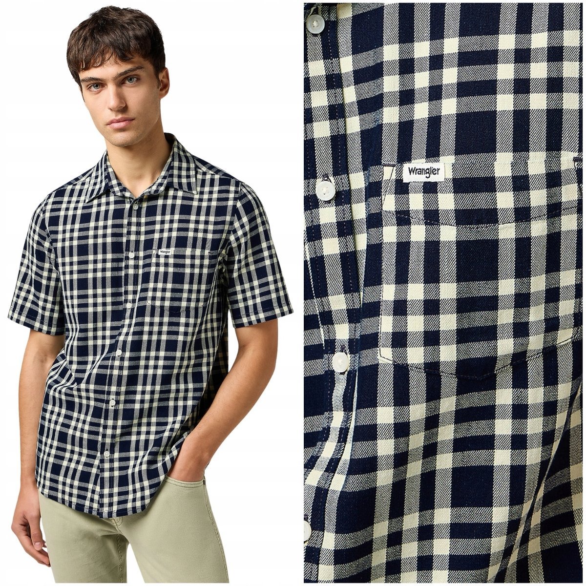 Wrangler 1 PKT SHIRT Crepe Indigo bawełniana koszula w kratę krótki rękaw S