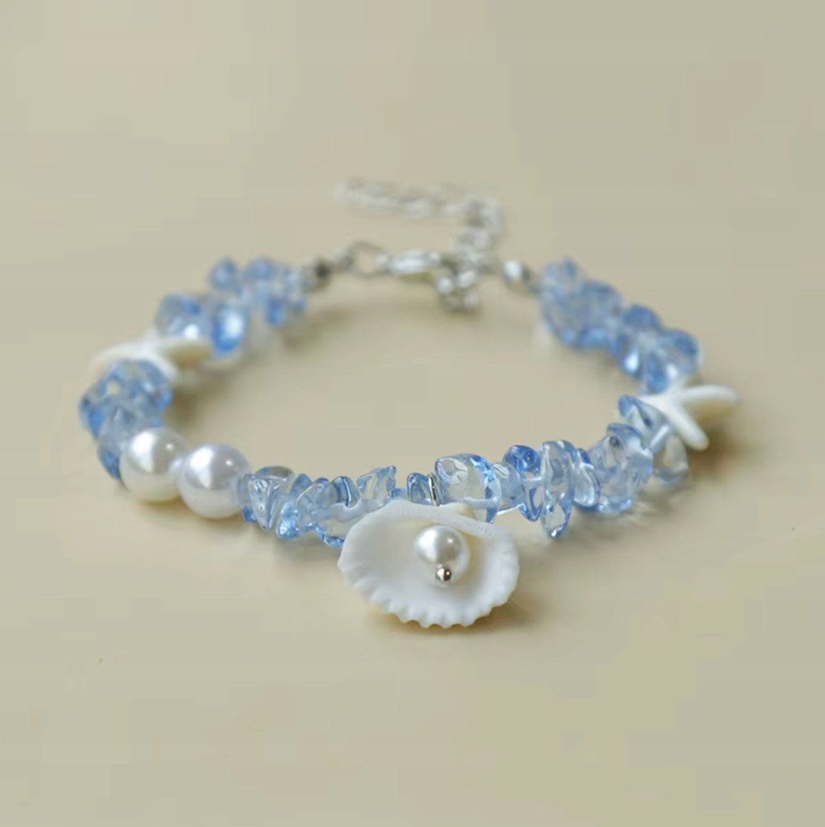 Niebieska Bransoletka Perły Muszle Kamienie Ręcznie Robiona Summer Shells