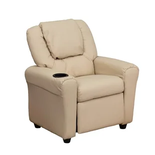 Flash Furniture Współczesny leżak dziecięcy z uchwytem na kubek i zagłówkiem, drewno, beżowy winyl, 60,96 x 48,26 x 48,26 cm - Fotele i pufy dla dzieci - miniaturka - grafika 1