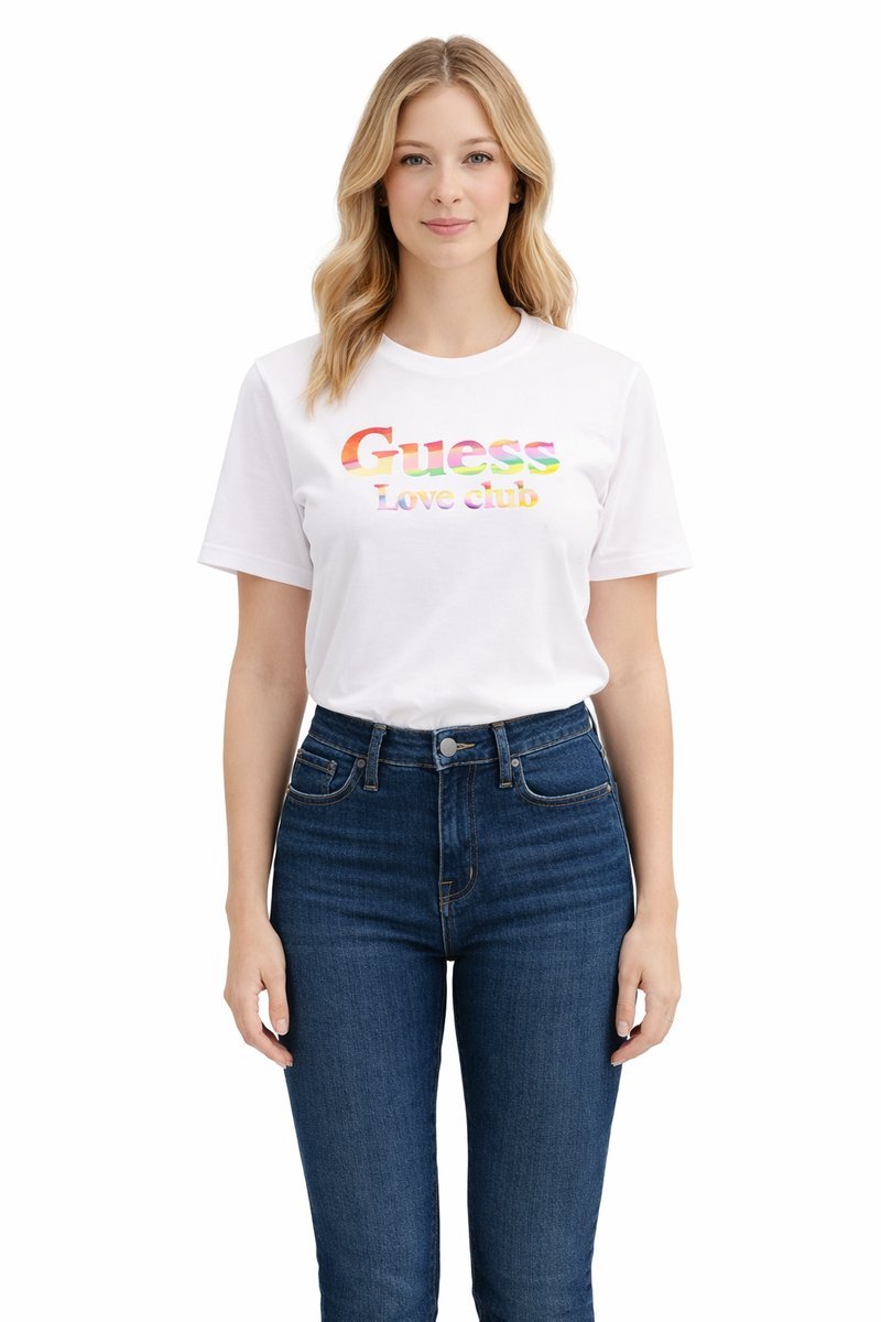 GUESS T-SHIRT DAMSKI BIAŁY BAWEŁNIANY Z KOLOROWYM NADRUKIEM M I3A