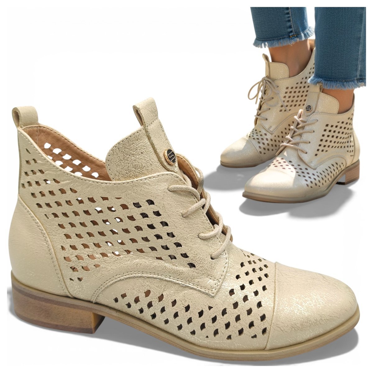 Botki Damskie Wiosenne Eleganckie Ażurowe Sznurowane Złote Modne Potocki 36