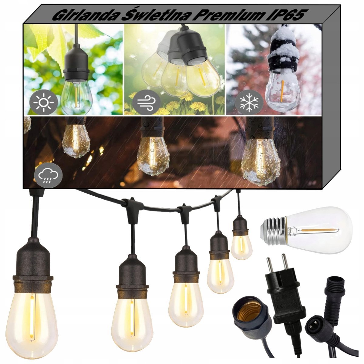 GIRLANDA OGRODOWA ŚWIETLNA 20M lampki led zewnętrzne + 20x ŻARÓWKA LED E27