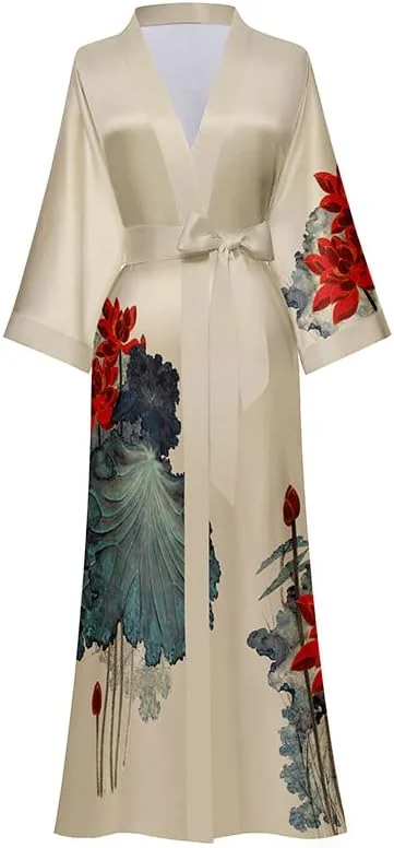 SZLAFROK DŁUGI SATYNOWY KIMONO KWIATOWY JEDWABISTY LUŹNY PORANNY