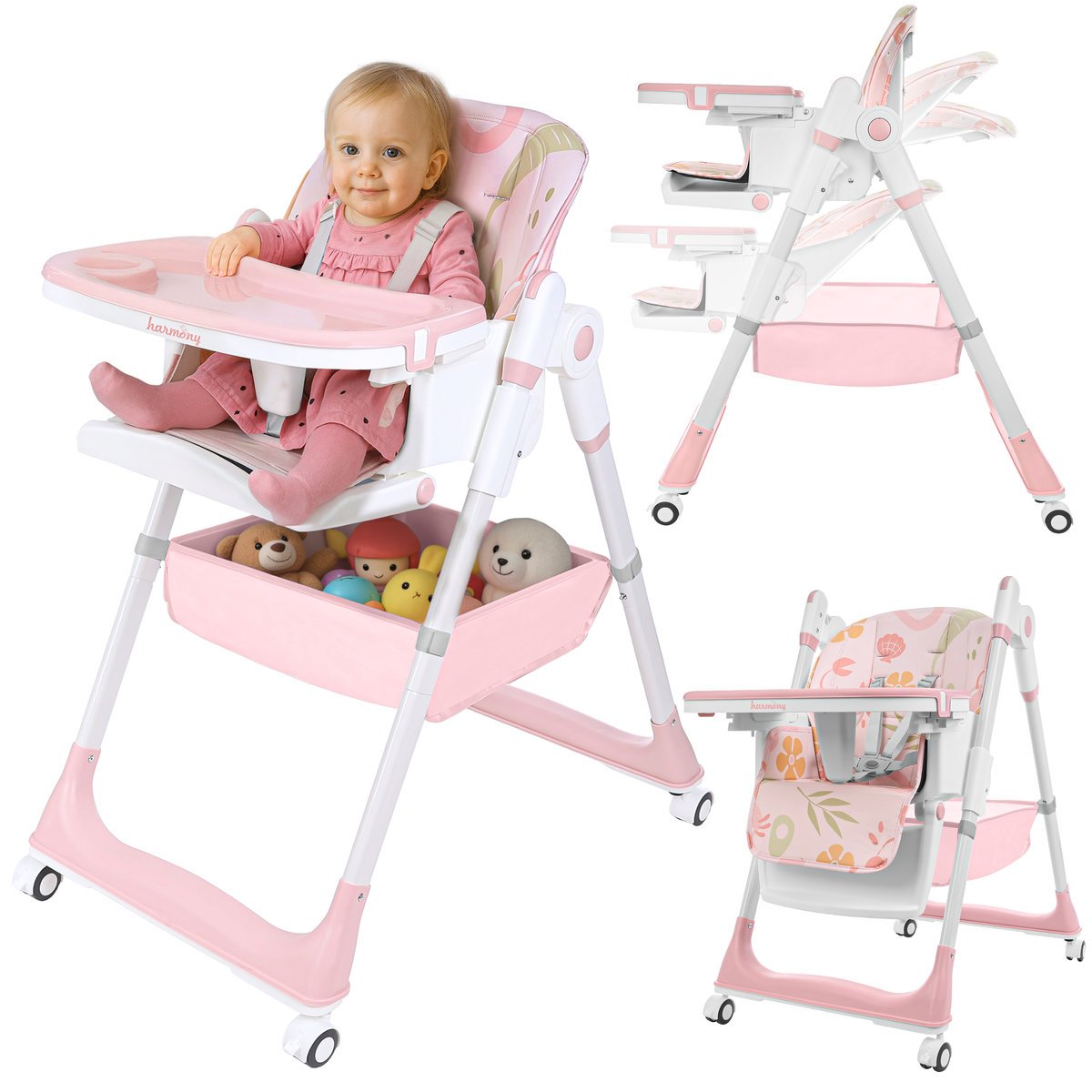 DUŻE SKŁADANE WIELOFUNKCYJNE KRZESEŁKO DO KARMIENIA 5W1 PAPUŚ RÓŻOWE