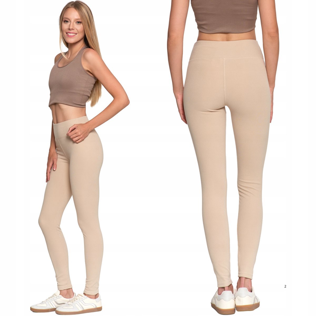 DŁUGIE LEGGINSY DAMSKIE WYSOKI STAN PRĄŻKOWANE SPORTOWE FIT MORAJ L/XL BEIGE