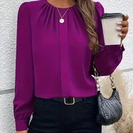 Koszule damskie - TEMU Elegancka fioletowa bluzka z falbanką na przedzie i długim rękawem - stylowy top tunikowy dla kobiet, idealny na wiosnę/jesień, wszechstronny - miniaturka - grafika 1