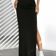 Spódnice - TEMU Elegancka Spódnica Maxi z Rozcięciem dla Kobiet - Czarna, Szerokie Nogawki, Kształt A-Line - Długa Spódnica na Wesela, Imprezy, Odporna na - miniaturka - grafika 1