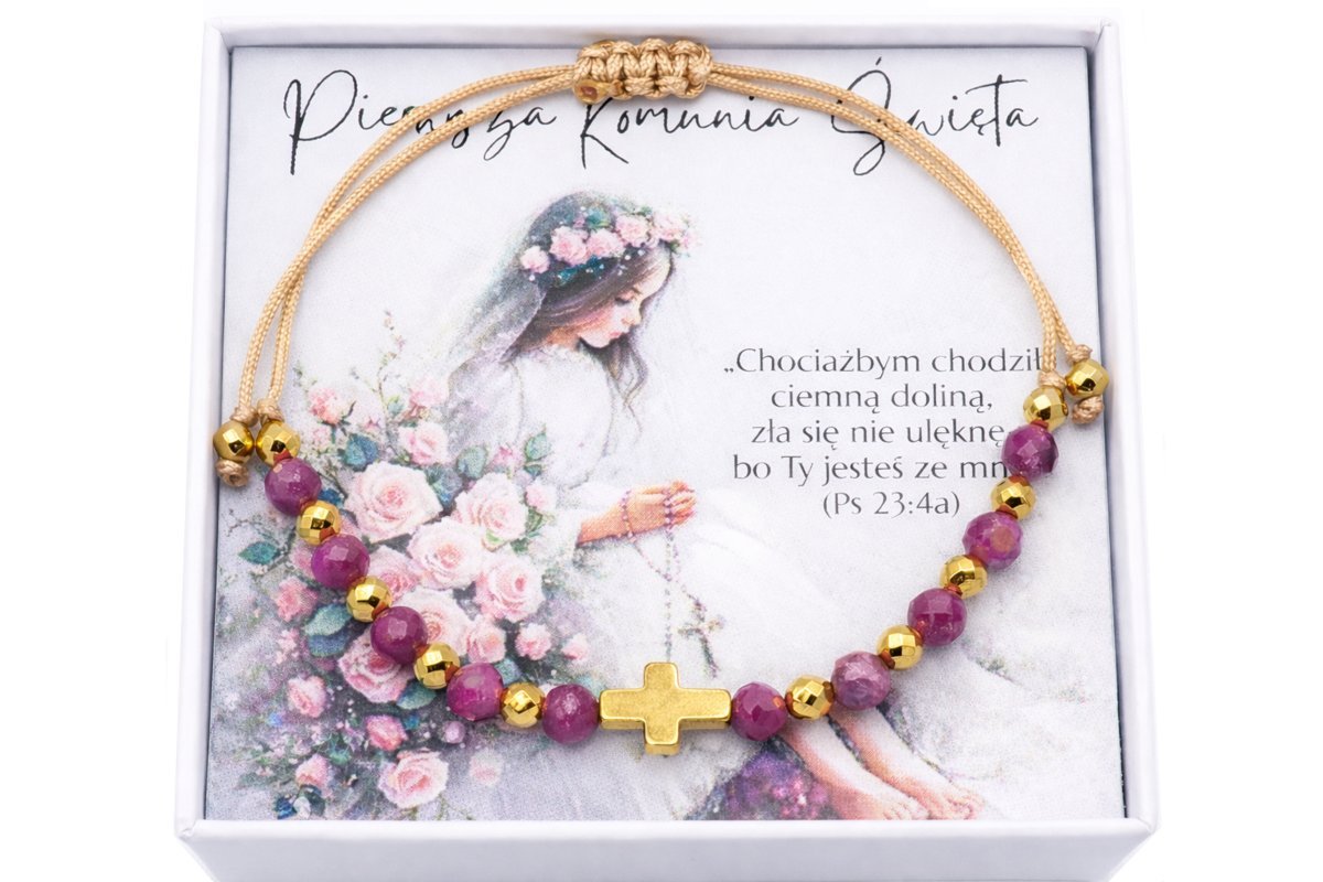 Bransoletka różaniec Rubin hematyt ręcznie robiona, prezent Komunia Święta