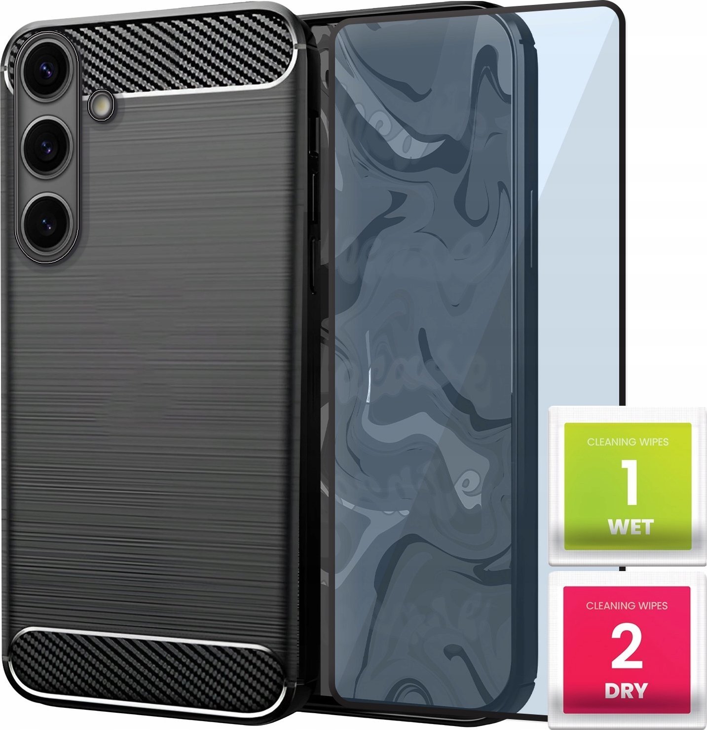 Etui do Samsung Galaxy S24 Czarne, Karbon, Pancerne, Pokrowiec Szkło 9H