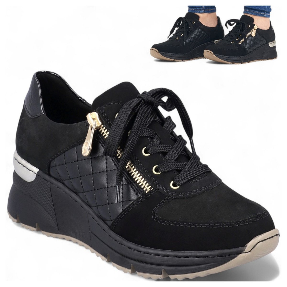 Rieker SKÓRZANE Sneakersy Damskie na Koturnie Wygodne Półbuty Czarne 38
