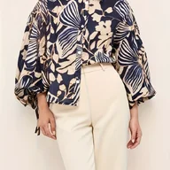 Koszule damskie - TEMU Dziewczęca bluzka z długim rękawem w stylu vintage - elegancki kołnierzyk, oddychająca i luźna dopasowanie, ciemnoniebieska z białymi i beżowymi - miniaturka - grafika 1