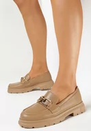 Mokasyny damskie - Ciemnobeżowe Mokasyny z Klamerką w Cyrkonie Obasi - miniaturka - grafika 1
