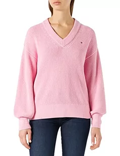 Tommy Hilfiger Damski sweter V-NK z dzianiny z bawełnianego żeberka, klasyczny różowy, XL - Swetry damskie - miniaturka - grafika 1
