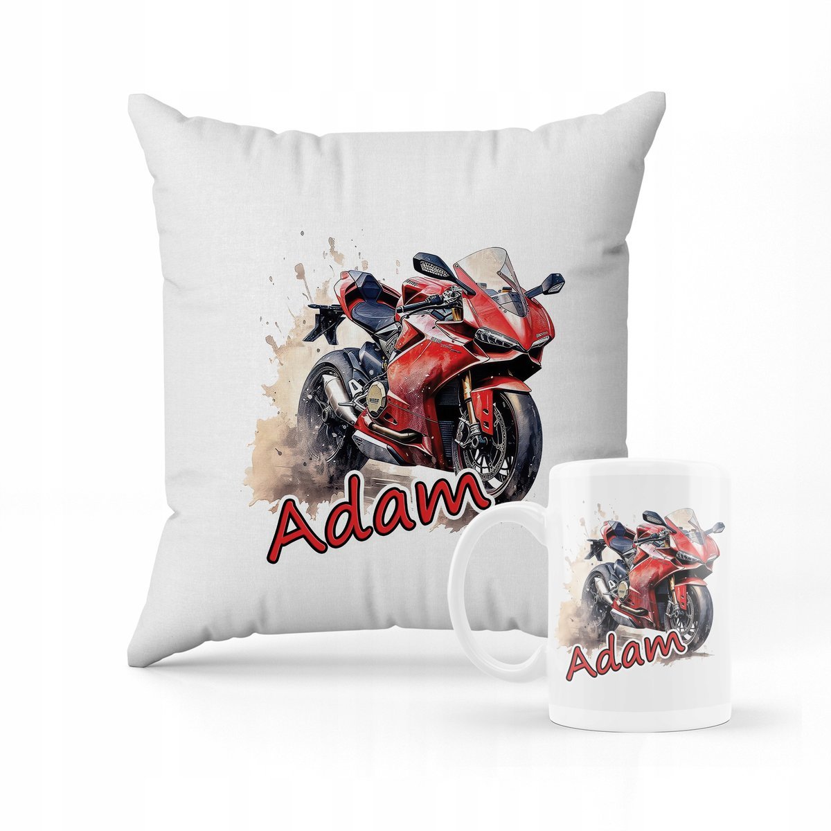 ZESTAW PODUSZKA + KUBEK PREZENT MOTOR MOTOCYKL ŚCIGACZ PREZENT + IMIĘ