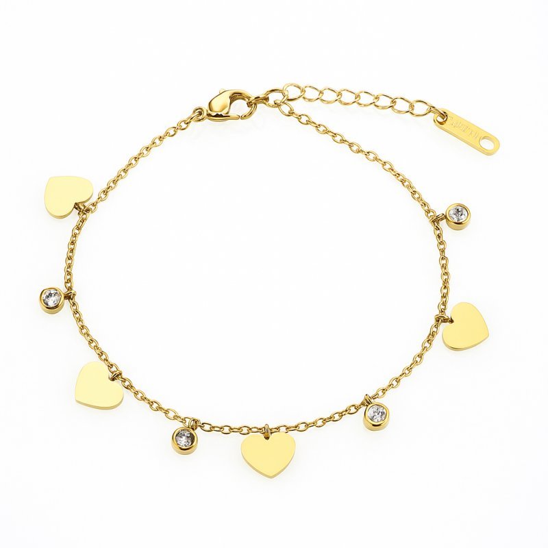 Bransoletka na rękę stal chirurgiczna pozłacana złotem, serca, cyrkonie BST1582