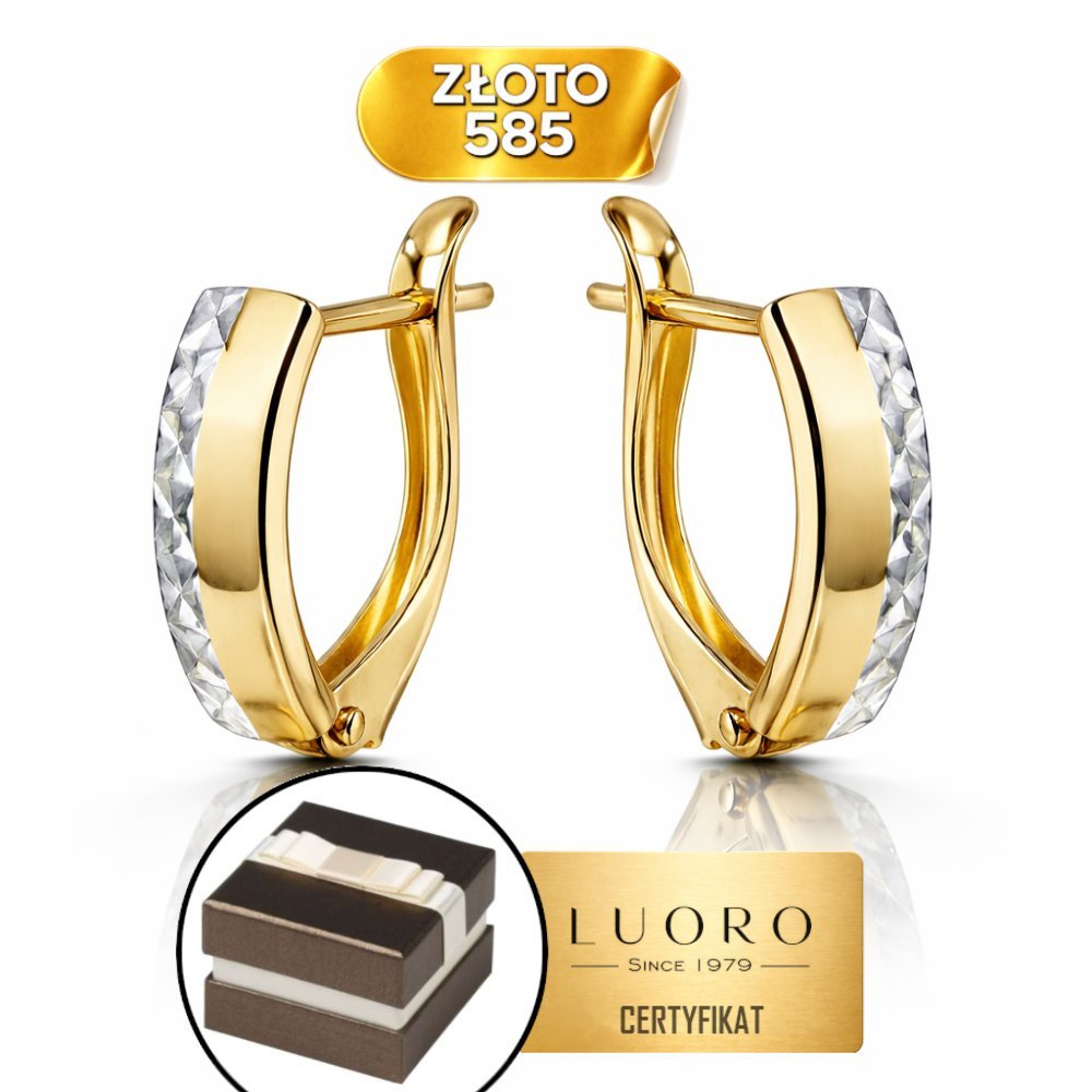 KOLCZYKI ZŁOTE 585 14K PROSTOKĄT DIAMENTOWANIE ŻÓŁTE I BIAŁE ZAPIĘCIE ANGIELSKIE 1,14 CM