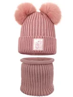 Czapki damskie - Dziewczęcy komplet zimowy komin i czapka pompony różowy Ambra r.46/48 - miniaturka - grafika 1