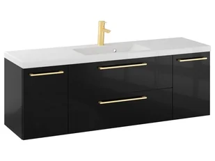 Szafka Wisząca Z Umywalką RON 140 cm D - Czarny Wysoki Połysk - Uchwyty Złote Szczotkowane - Szafki łazienkowe - miniaturka - grafika 1