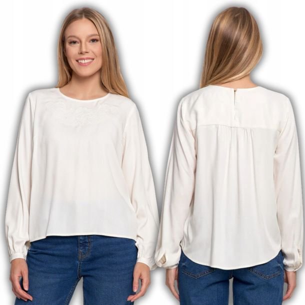 Koszula Damska z Długim Rękawem Subtelnym Haftem Wygodna MORAJ XXL OFF WHIT