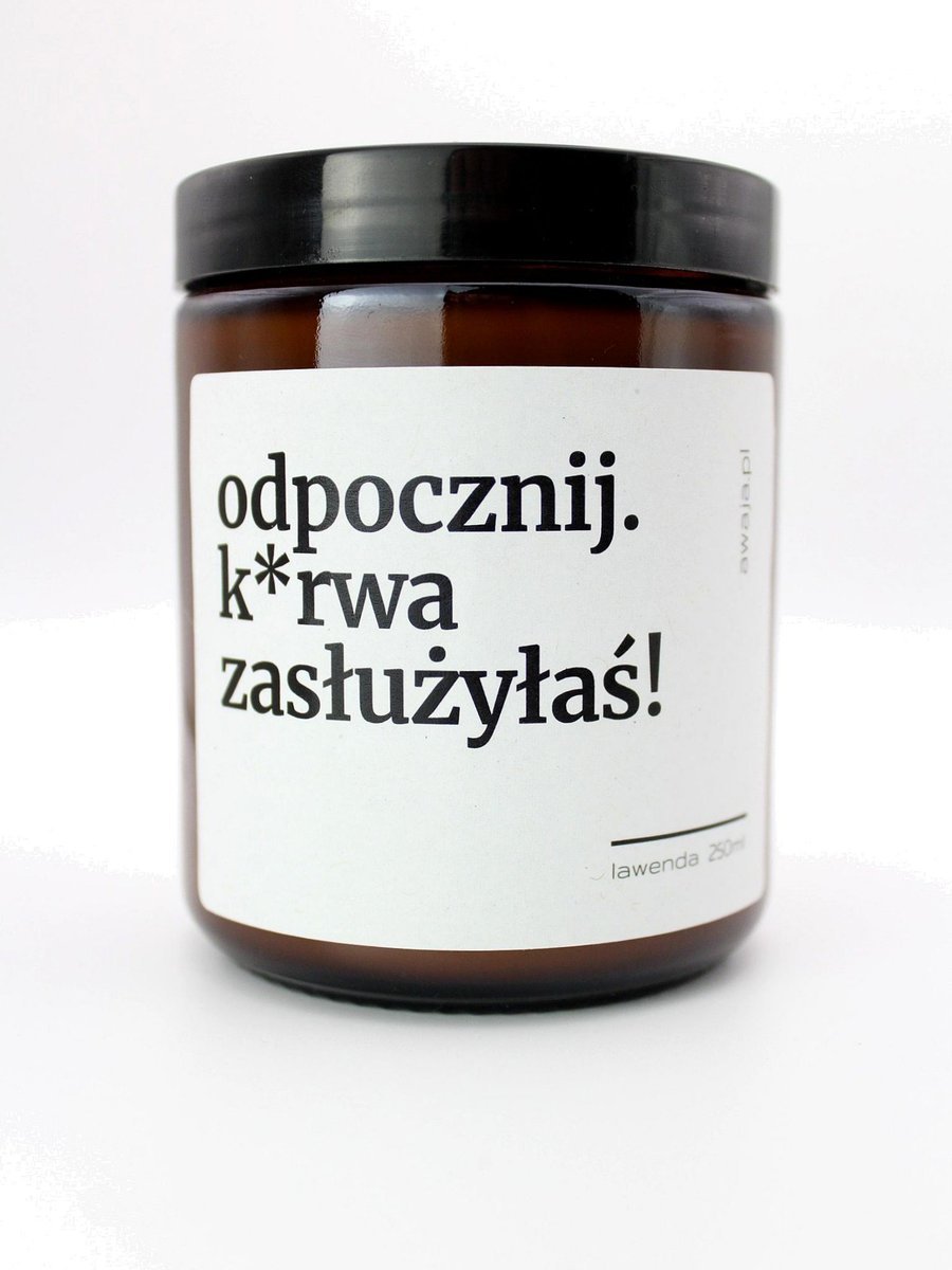 Świeca z napisem – relaks dla niej, śmieszny prezent, zapachowa, sojowa