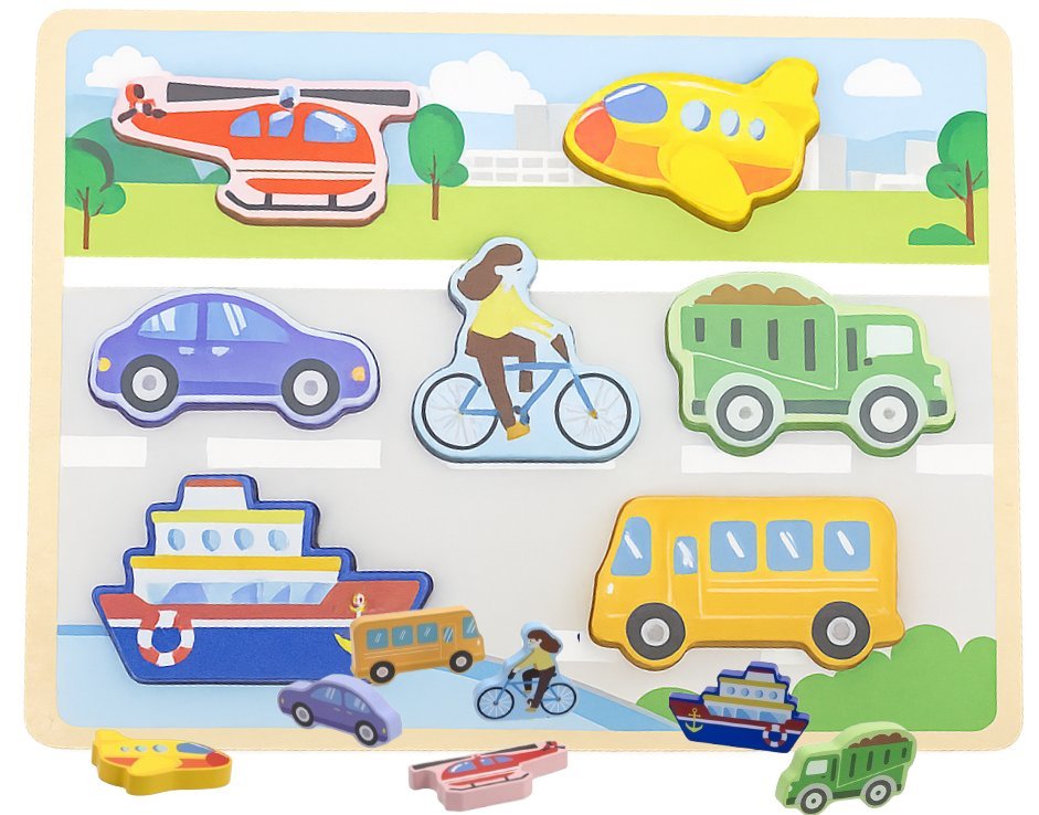 DREWNIANE PUZZLE dla niemowląt zabawki rozwojowe edukacyjne POJAZDY aUTA Viga zabawki montessori