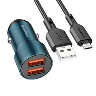 Ładowarki samochodowe - Borofone Ładowarka samochodowa BZ19 Wisdom - 2xUSB - 12W z kablem USB na Micro USB niebieska - miniaturka - grafika 1