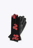 Rękawiczki - Damskie rękawiczki ocieplane z haftowanymi kwiatami czarno - czerwone - miniaturka - grafika 1