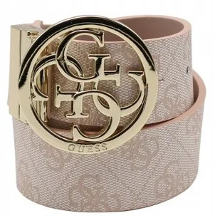 GUESS PASEK DAMSKI BEŻOWY Z LOGO NA ZŁOTEJ KLAMRZE M GNA - Paski - miniaturka - grafika 1