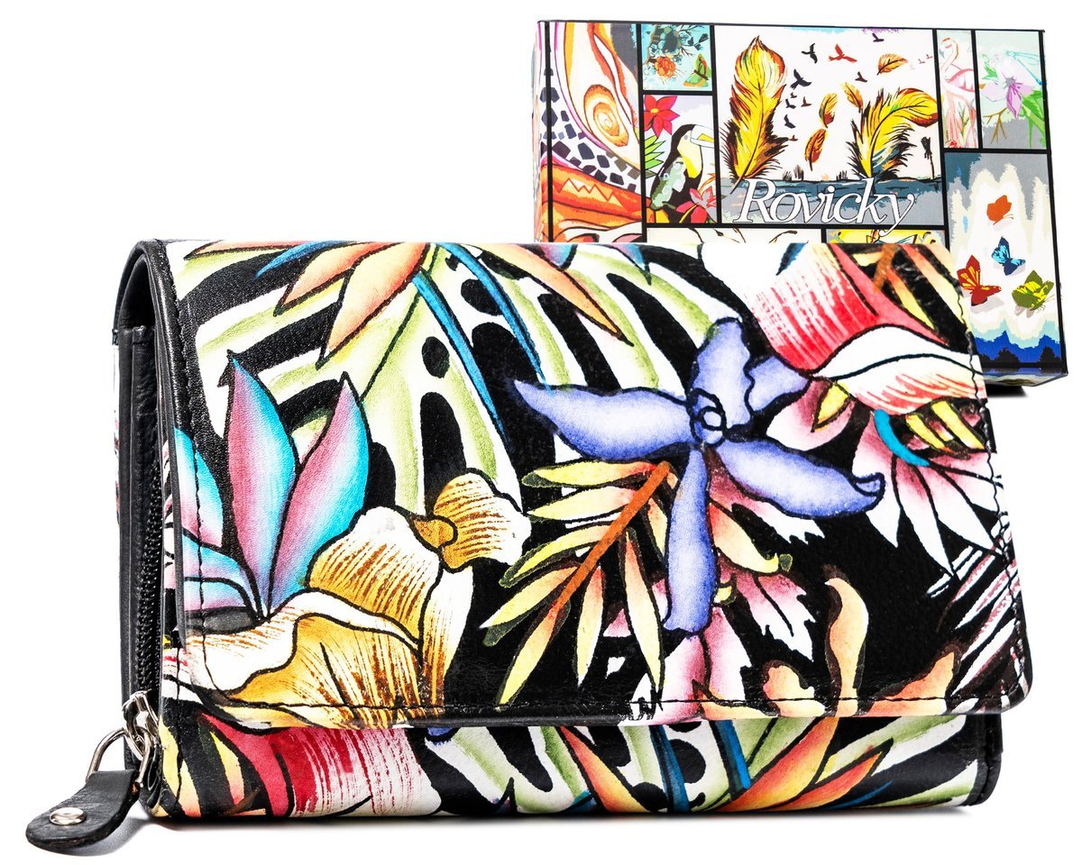 Skórzany portfel damski Rovicky artystyczny nadruk pojemna portmonetka na karty i dokumenty z ochroną RFID, różnokolorowy pomarańczowy
