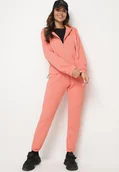 Spodnie sportowe damskie - Różowy Pikowany Komplet Dresowy z Bawełną Bluza z Kapturem i Spodnie Joggery Evalisseia - miniaturka - grafika 1