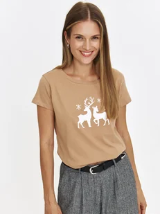 Beżowy t-shirt z nadrukiem - Koszulki i topy damskie Beżowy t-shirt z nadrukiem - Koszulki i topy damskie - miniaturka - grafika 1