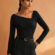 Bluzki damskie - TEMU Elegancka Tunika Damska z Asymetrycznym Dekoltem - Głęboki Bordowy/Czerwony/Czarny/Granatowe/Szarzywo Beżu - Strukturalna Bluzka do Biura, na Co - miniaturka - grafika 1