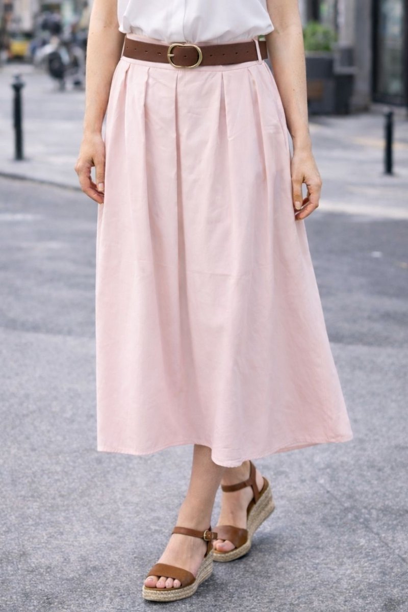 Spódnica damska midi pudrowy róż pasek rozkloszowana One Size