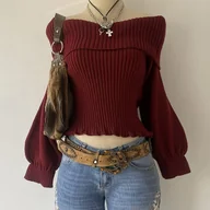 Swetry damskie - TEMU Sweter damski, modny elegancki casualowy top z długim rękawem i odsłoniętymi ramionami na wiosnę, jesień, Boże Narodzenie, Nowy Rok i zimowe - miniaturka - grafika 1