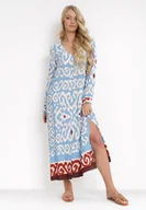 Sukienki - Niebieska Koszulowa Sukienka Maxi z Guzikami i Rozcięciami po Bokach Okotria - miniaturka - grafika 1