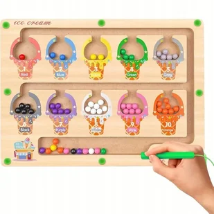 DREWNIANY LABIRYNT MAGNETYCZNY MONTESSORI NAUKA KOLORÓW I LICZENIA LODY XL - Zabawki interaktywne dla dzieci - miniaturka - grafika 1