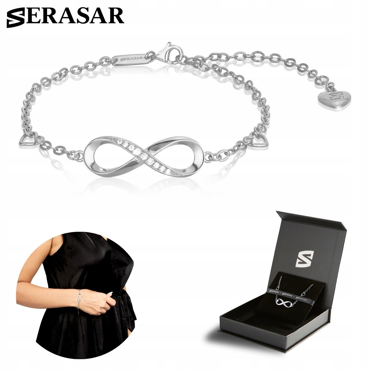 SERASAR, Bransoletki ze srebra próby 925 dla kobiet z powłoką z 18-karatowego prawdziwego złota „Infinity”, regulowana długość, kolor srebrny, w zes..