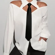 Koszule damskie - TEMU Elegancka Bluzka z Kołnierzykiem dla Kobiet - Półprzezroczysta Koszula z Długim Rękawem na Guziki, Jednokolorowa na Wszystkie Pory Roku do Biura - miniaturka - grafika 1