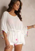 Marynarki i żakiety damskie - Biała Bluzka Narzutka Oversize z Pomponami i Ściągaczem Shaklia - miniaturka - grafika 1