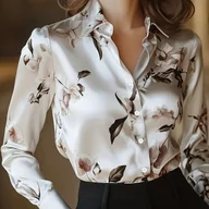 Koszule damskie - TEMU Elegancka Bluzka Damska z Długim Rękawem i Kwiatowym Nadrukiem, Kołnierzyk, Zapinana na Guziki, Piękna Koszula na Wiosnę i Jesień do Codziennego - miniaturka - grafika 1