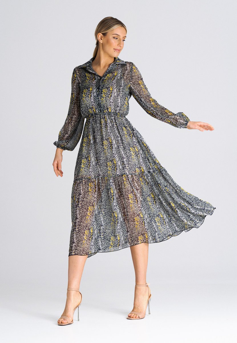 Rozkloszowana sukienka z kołnierzykiem - szara sukienka w kwiaty - rozmiar L/XL