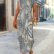 Sukienki - TEMU Elegancka sukienka midi z paskami w kolorze niebieskim i białym, z wysokim i brzegiem - krótki przód, długi tył, okrągły dekolt, krótkie rękawy - miniaturka - grafika 1