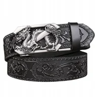 Paski - Pas pasek SKÓRZANY AUTOMATYCZNY CZARNY LITERA Z srebrna klamra SMOK 130 cm - miniaturka - grafika 1