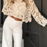 Swetry damskie - TEMU Elegancka i stylowa bluzka typu pulower z miękkimi rękawami z haczykami i nieregularnym patchworkiem z koronki, zapewniająca wygląd. - miniaturka - grafika 1