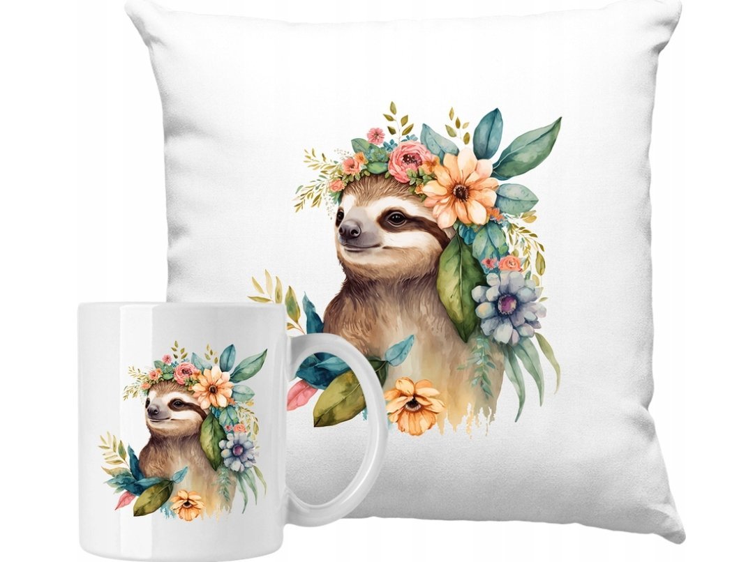 ZESTAW PODUSZKA + KUBEK Leniwiec Kwiaty Pomysł Na Prezent +IMIĘ #4