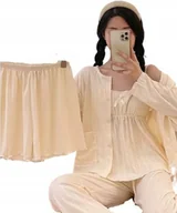 Piżamy damskie - Wygodna Piżama Damska 4-Częściowa Na Guziczki Z Długim Rękawem Biała M - miniaturka - grafika 1