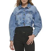 Kurtki damskie - DKNY Damska kurtka jeansowa Ls Puff Button Front Cropped, Ciemnoniebieski z efektem sprania, S - miniaturka - grafika 1