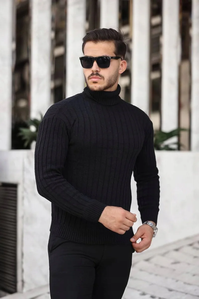 MĘSKI CZARNY SWETER GOLF PRĄŻKOWANY CIEPŁY M 5IA